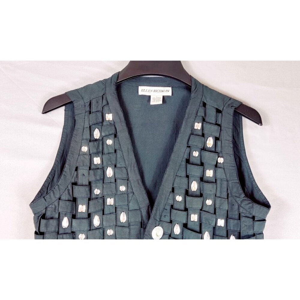 VTG Lattice Woven Vest Black Cotton Rhinestone Ellen Richman Y2K Boho Whimsygoth - Picture 2 of 12
